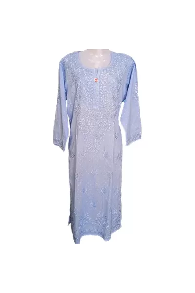 Light Blue Cotton Round Neck hand embroidered lucknowi chikankari Straight Kurta, Size XL(42)