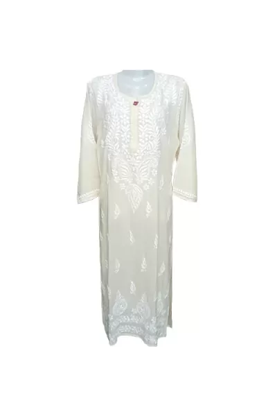 Light Cream Yellow Modal Round Neck hand embroidered lucknowi chikankari Straight Kurta, Size L(40)