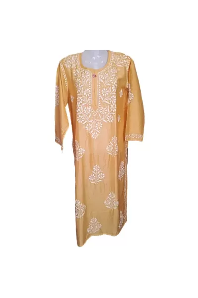 Light Mustard Yellow Mal chanderi Round Neck hand embroidered lucknowi chikankari Straight Kurta, Size XXL(44)