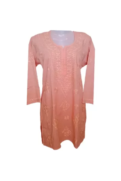 Peach Double Shade Cotton Round Neck hand embroidered lucknowi chikankari short Kurti Top, Size L(40)