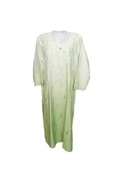 Pista Green Double Shade Chanderi Silk Round Neck hand embroidered lucknowi chikankari Straight Kurta, Size XXL(44)