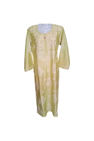 Pista Green Mal chanderi Round Neck hand embroidered lucknowi chikankari Straight Kurta, Size XL(42)