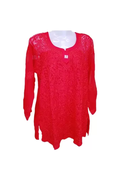 Red Georgette Round Neck hand embroidered lucknowi chikankari short Kurti Top, Size XL(42)